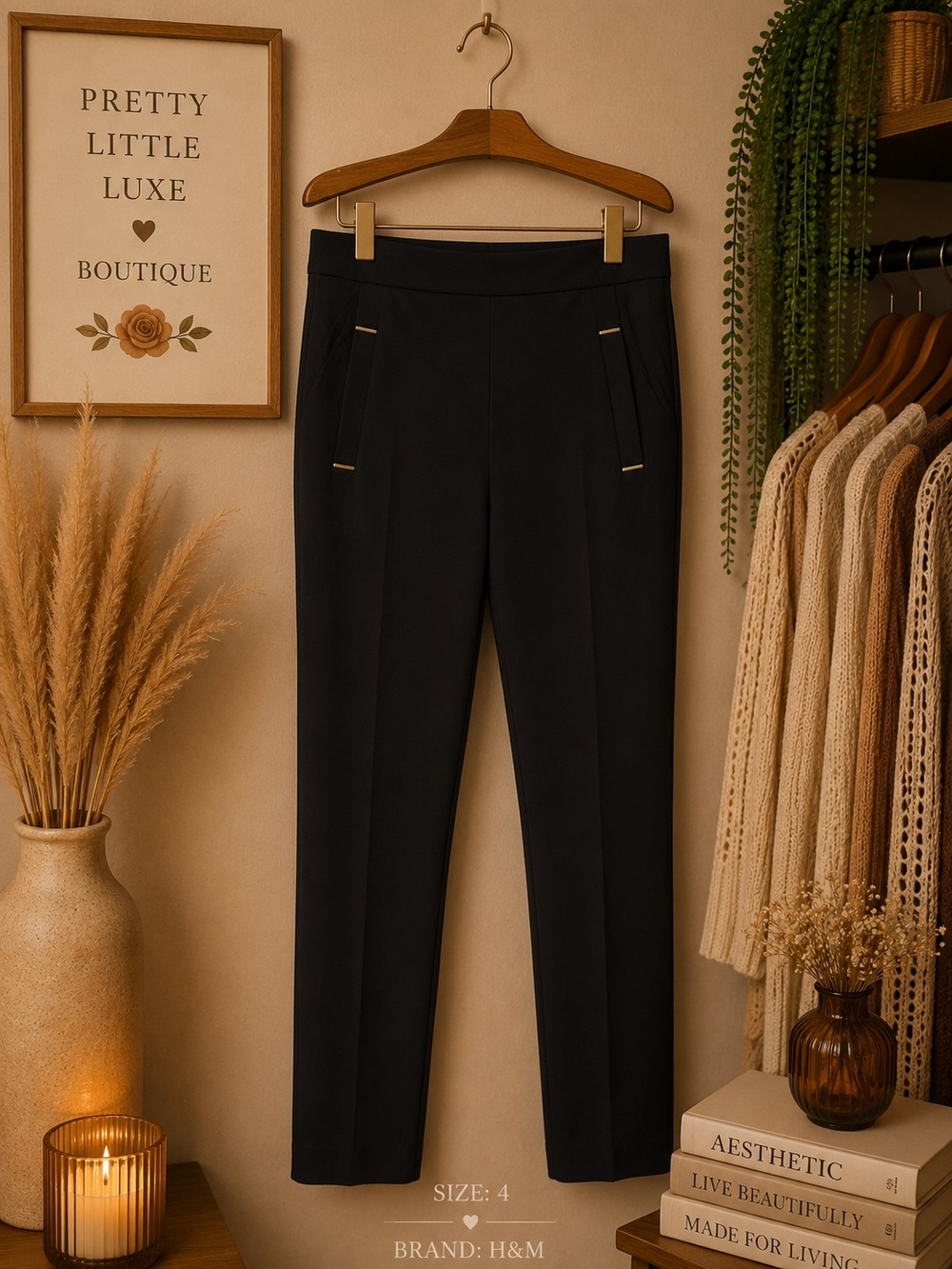H&M Black Tailored Slim Trousers with Gold-Tone Accents- Size 4